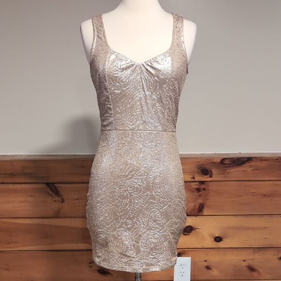 Arden B Cream Gold Ruched Bodycon Mini Dress - Picture 1 of 5